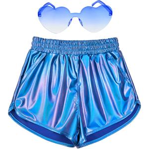 Perfashion Girls Metallic Shorts Shiny Hot Short Sparkly Party Pants &Sunglasses (12-13 Years, Colorful Blue#11)