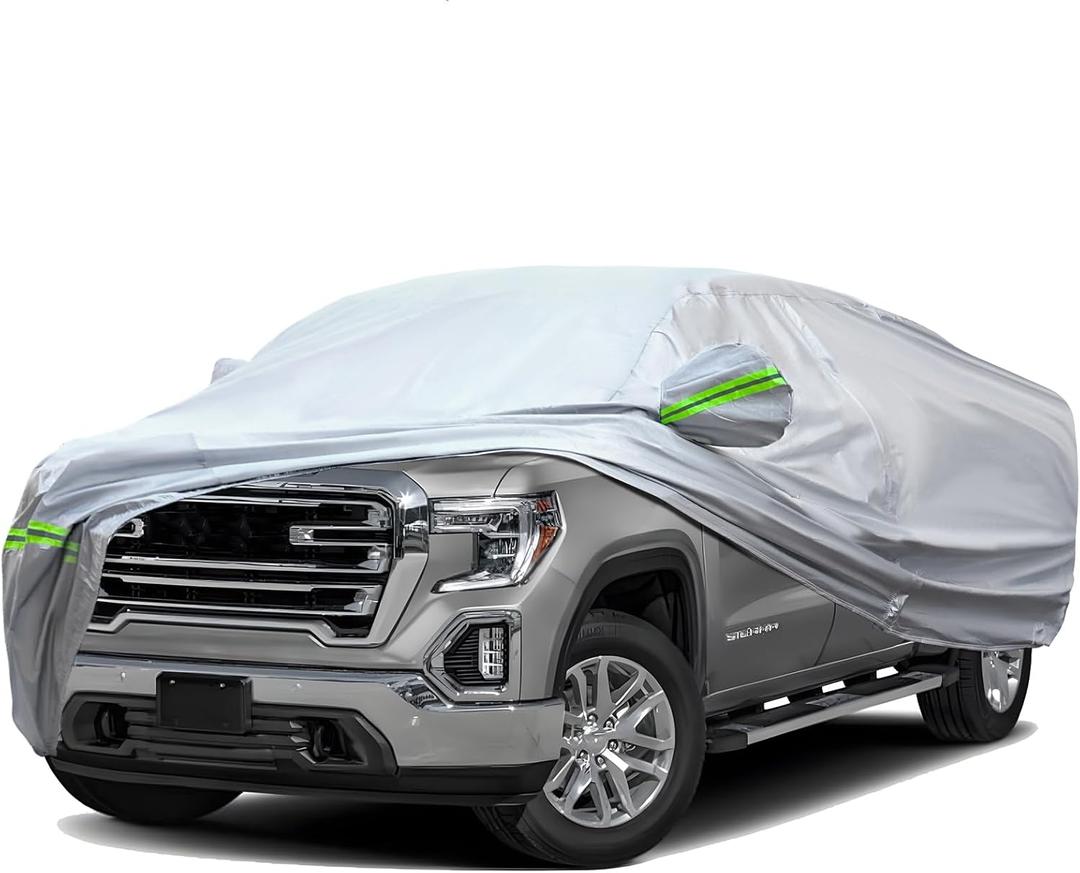 6-Layers Heavy Outdoor Pickup Full Car Cover Hard Shell Zipper Design Waterproof All Weather Weatherproof UV Sun Protection Snow Dust Storm Resistant with Straps (Fit for UP to 213"-237") (Pickup-L ( Fit for Pickup 213"- 237" ), Green reflective strip)
