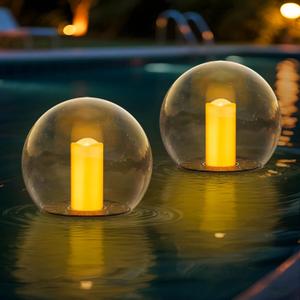 2-Pack 7.4x7.3 Solar Floating Pool Lights Ball Outdoor Water-Resistant IP66 Solar-Powered That Float Candles Flickering Lights for Swimming Pool Decor Pond Garden Party