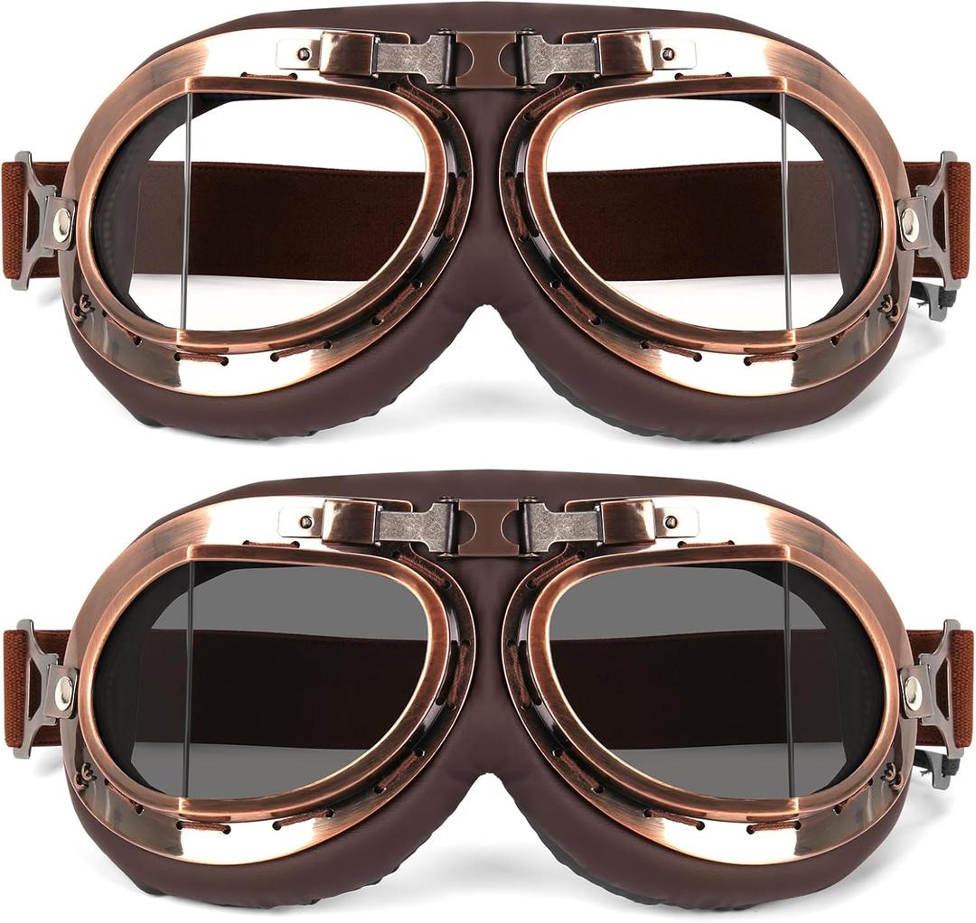 Lievermo Vintage Helmet Goggles 2 Pack Motorcycle Dirt Bike ATV Goggles Vintage Pilot Aviator Cruiser Scooter Off Road Motorcross Eyewear Glasses Dustproof Windproof for Men Women (Smoke+Clear)