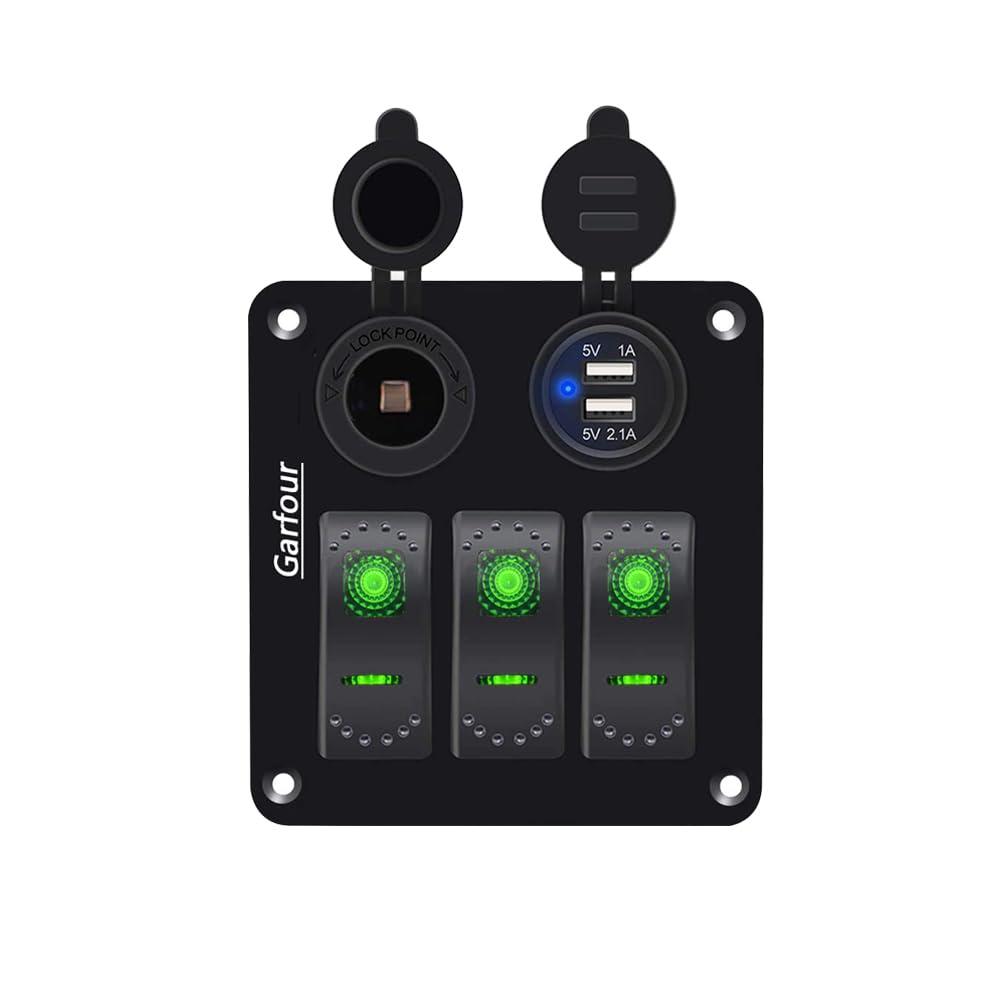 2 x Green 3 Gang Waterproof Boat Switch Panel with 3.1A USB and 12V Cigarette Lighter Socket Marine Switch Panel for Boats, Trucks, RVs