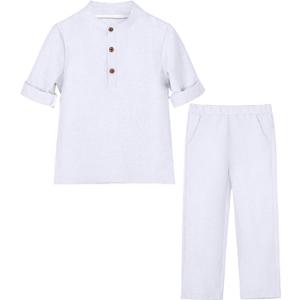 Boys 2 Piece Outfit Kids Summer Clothes for Teen Boy Button Down Shirt and Pants Set (11 Years, White)
