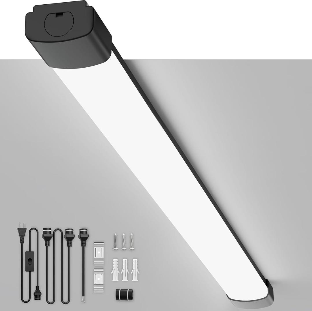 LED Garage Lights 4FT Linkable Plug in Ceiling Light Fixture, 5000K Workbench Tube Light with Switch, 36W Overhead Light Bar for Room Shop Cabinet Closet Kitchen, IP65 Waterproof, Black