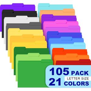 TUXIYA 105 Pack Colored File Folders,21 Colors File Folders Letter Size Manilla Folders 8.5 x 11,1/3 Cut Tab Filing Folders for Office School Business Documents Files Paper