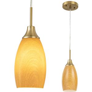Viinew Mini Glass Pendant Light 4.72" Walnut Wood Grain Pendant Lights 1-Pack Handblown Art Oval Glass Hanging Pendant Light for Kitchen Island Dining Room Living Foyer Hallway Entry Brushed Gold