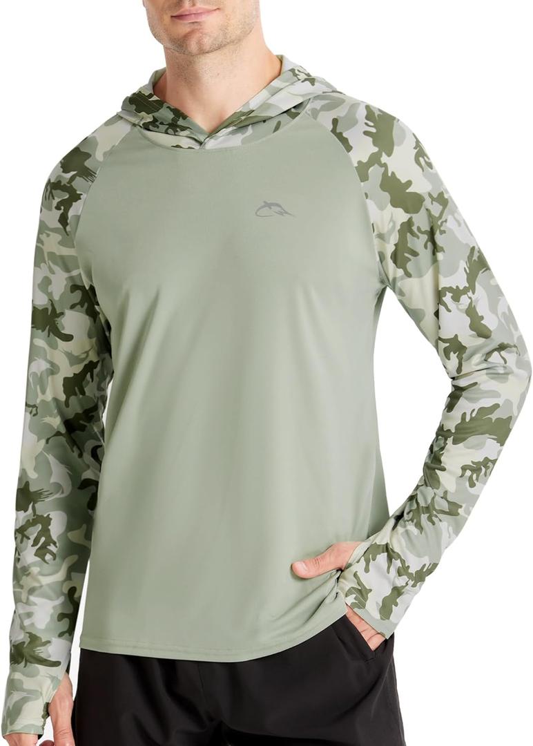 FISHEAL Men's Performance Fishing Hoodie Shirt with Thumbholes - UPF 50 Sun Protection Camo Long Sleeve Shirts Quick-Dry (X-Large, Olive Green Camo)