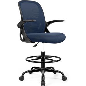 Drafting Chair Tall Office Chair with Flip-up Armrests, Adjustable Height, Enhanced Lumbar Support Ergonomic Rolling Stool, Back Support, Adjustable Foot Rest Ring for Standing Desk Navy, 934W-Z