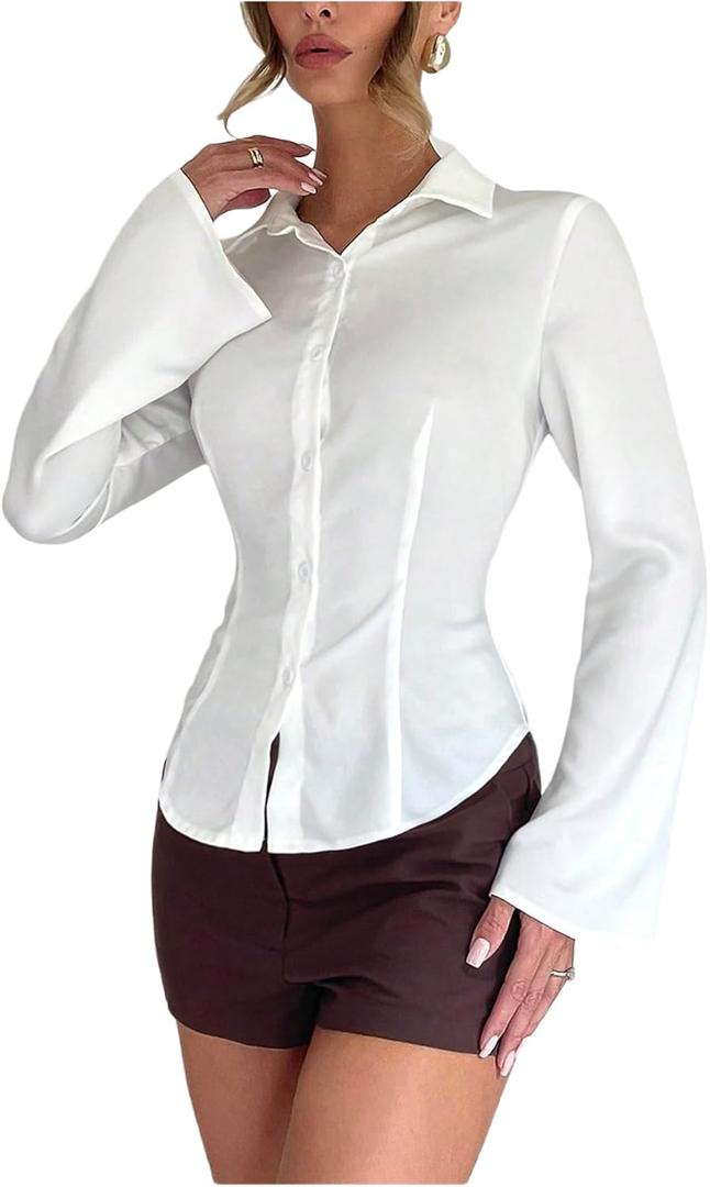 GORGLITTER Women's Fitted Button Up Shirt Cinched Waist Bell Sleeve Blouses Dressy Collar Neck Business Casual Outfits, Large