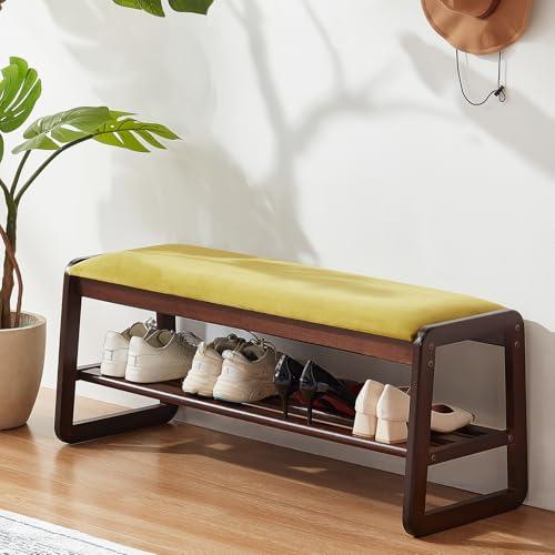Achicsofar Shoe Rack Bench,2 Tier Solid Wooden Entryway Bench with Shoe Storage, Shoe Rack with Cushion for Living Room, Hallway(Olive Green, 39.4")