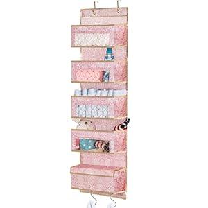 DAMAHOME Over Door Hanging Organizer - Closet Door Storage Organizer 5 Large Pockets, Clear Window Pocket, 4 Metal Hooks for Baby Nursery Bedroom Pantry Bathroom (Pink)