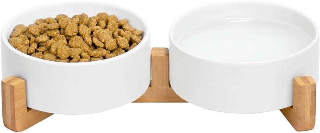 Ceramic Cat and Small Dog Bowl Set  Modern Indoor Small Size Pet Food and Water Bowls with Wood Stand  Non Slip Puppy Sized Feeding Station with Double Dishes (White)