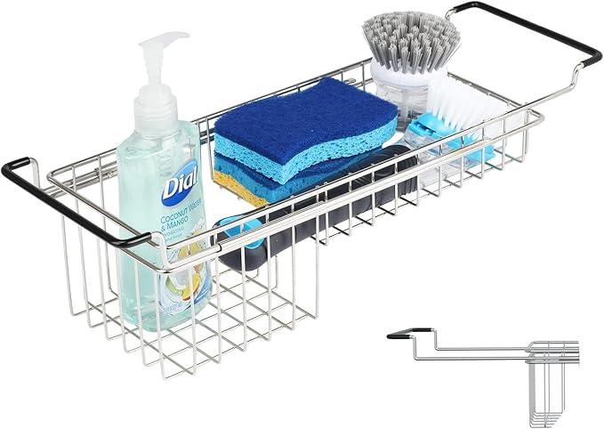Sink Caddy Sponge Holder Kitchen Sink Organizer Sponge Caddy Expandable 16.06" to 21.02" Farmhouse Insink Accessories for Rag Detergent Brush Dish Washing Liquid Rack, Stainless Steel