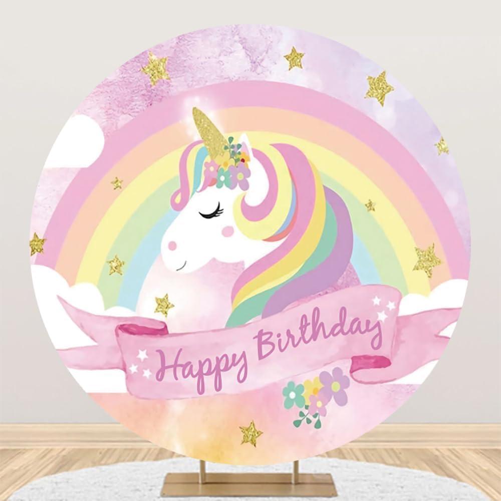 Renaiss 6.5x6.5ft Colorful Unicorn Round Backdrop Covers for Photoshoot Kids Girl Portrait Golden Stars Rainbow Circle Photography Background Happy Birthday Party Decors Photo Booth Props Yard Sign