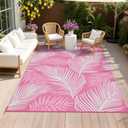 Pauwer Waterproof Outdoor Rug 6x9, Reversible Plastic Straw Patio Camping Rug, Indoor Outdoor RV Mat Carpet for Deck, Camper, Porch, Balcony, Backyard, Picnic, Leaf Pink