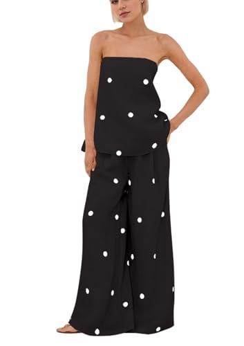 calbatic Women Polka Dot 2 Piece Outfits Strapless Tube Top High Waist Wide Leg Pants Summer Casual Lounge Sets, Large