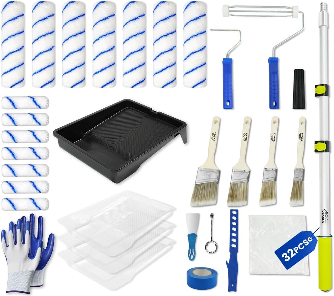 32PCS Paint Roller Kit with Extension Pole - 2 to 4 FT Pole, 4 inch 9 inch Paint Rollers, Paint Brushes for Walls, Painters Tape & Drop Cloth, Microfiber Roller Covers for Professional Painting