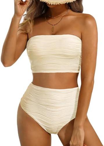 High Waisted Bandeau Bikini Set - Women Strapless Two Piece Swimsuits Ribbed Longline Full Coverage Bathing Suits Swimwear. Size M.