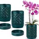 2 Pack 4 Inch Orchid Pots with Holes and Saucers, Ceramic Orchid Pot for Repotting, Flower Planter Pot Indoor Outdoor, Breathable Slotted Orchids Planter Gifts for Moms (Green)