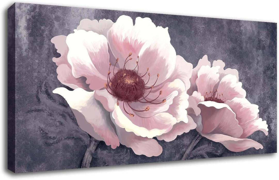 YJYart Canvas Wall Art Pink Flower Wall Decor 24" x 48" Floral Paintings on Gary Background Modern Artwork for Living Room Bedroom Kitchen Office (24x48, Pink)