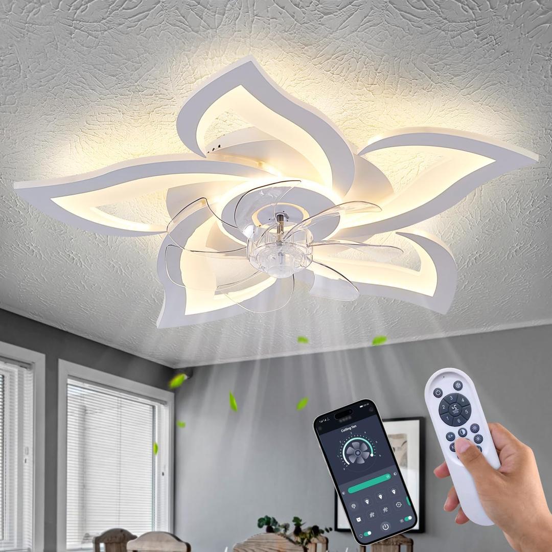White Flower Modern Ceiling Fan with Lights, Low Profile with Remote for Bedroom, Flush Mount with LED Dimmable Light, 3-Colors, 6-Speeds, Timing Fan Light