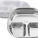 Stainless Steel 3 Compartments Plate with Lid, Metal Divided Plate Tray, Sectioned Plate Dishe Dinnerware for Food Portion Control Lunch Dinner Adult Home School