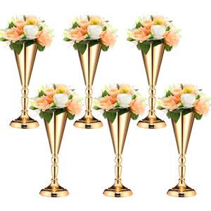 Potchen 6 Pcs Flower Trumpet Gold Vase Tabletop Centerpiece Gold Tall Flower Vases Bulk Wedding Table Decorative Centerpiece Table Decorations Arrangements for Floral Party Anniversary Birthday(M)