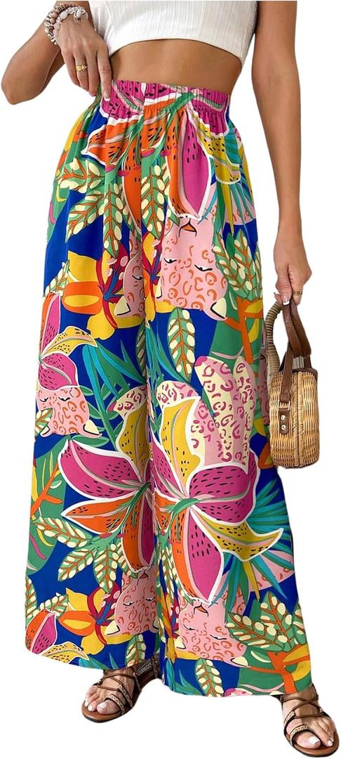 Verdusa Women's Hawaiian Tropical Beach Palazzo Pants Flowy Boho Summer Wide Leg Trousers (Large, Royal Blue)