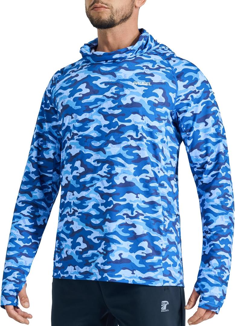 Men's Sun Protection Fishing Shirts UPF 50+ Lightweight Hoodie Long Sleeve UV SPF Hooded Shirts with Mask Rash Guard (3X-Large, Blue Camouflage)
