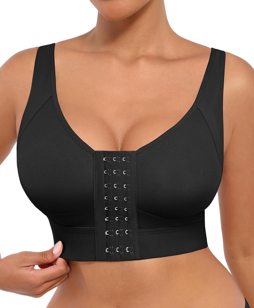 FeelinGirl Post Surgery Bras Front Closure Compression Bra Mastectomy Bras Surgical Wireless with Adjustable Straps (Large)