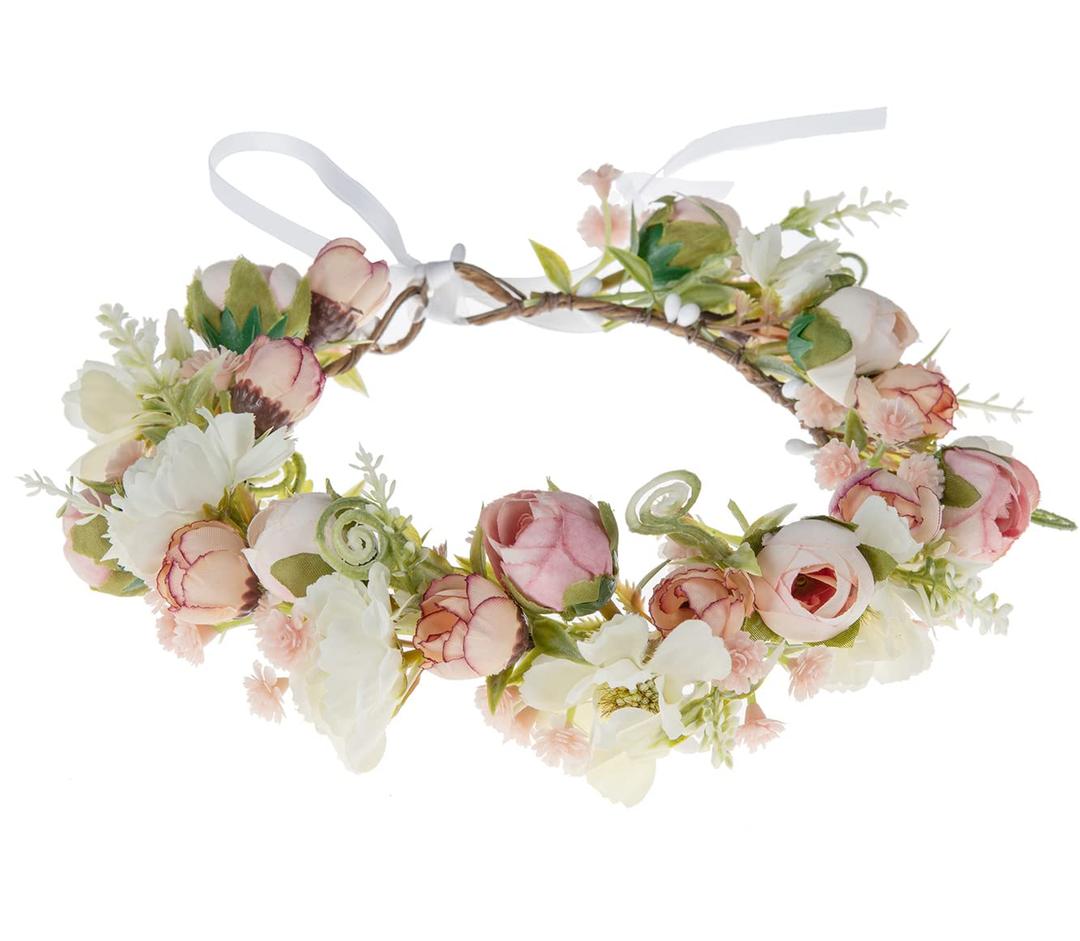 Baby Girls Flower Crown Headpiece - Boho Little Wreaths for Weddings, Family Photography (Pink)