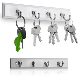 Wall Mounted Key Rack Rail Hanger Key Holder Wall Mount with 4 Hooks Hanging Storage Keys Organizer Home Decor (White)