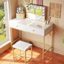 SUPERJARE 31.5" White and Gold Desk with 2 Drawers, Modern Makeup Vanity with Padded Stool, Small Computer Desk Home Office Desk for Writing Study Bedroom