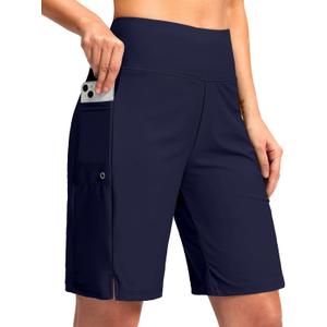 G Gradual Women's 9" Long Swim Board Shorts with Pockets High Waisted Knee Length Beach Swimming Shorts for Women with Liner (Navy), Small