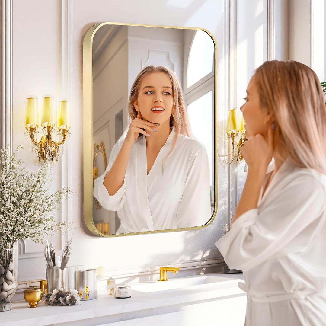 22"x30" Matte Gold Mirror for Wall, Brushed Metal Framed Rounded Corner Rectangular Mirror for Bathroom Vanity, Entryway, Living Room, Bedroom, Vertical or Horizontal