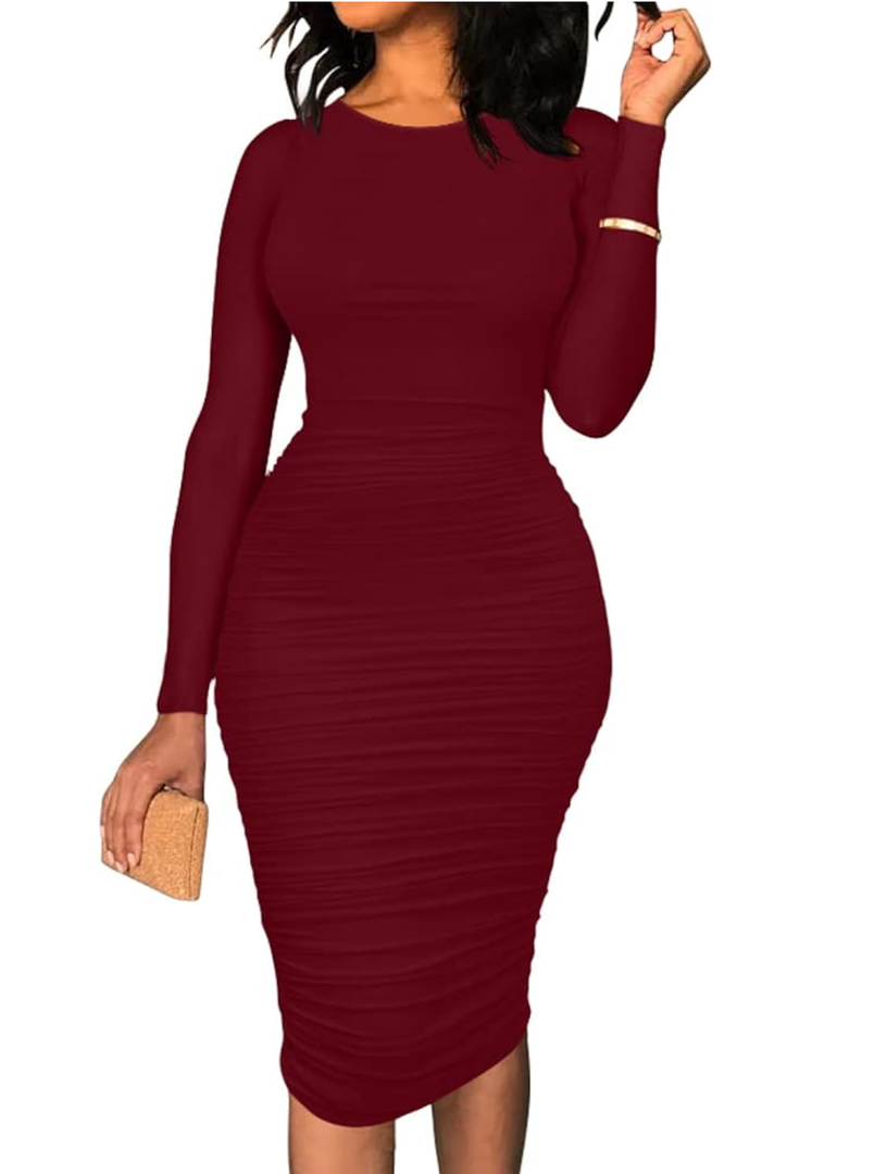 Women's Ruched Long Sleeve Elegant Bodycon Basic Casual Midi Dress M