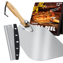 Pizza Peel Aluminum Pizza Spatula, Mooues 12 inch Metal Pizza Paddle(12"x 14")with Rocker Cutter Foldable Wood Handle, [Storage bag included], for Family Pizza Oven Baking Pizza, Dough, Bread & Pastry