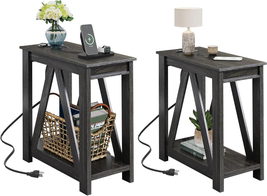 WLIVE End Tables Living Room Set of 2 with Charging Station, Sofa Side Tables with Open Storage Shelf, Slim Farmhouse End Table Sets, Charcoal Black