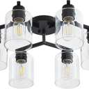 6 Light Semi Flush Mount Ceiling Light Black Kitchen Lighting Fixtures Ceiling Industrial Large Cieling Light Fixtures, with Clear Glass Shade for Dining Room Living Room Kitchen Island Farmhouse
