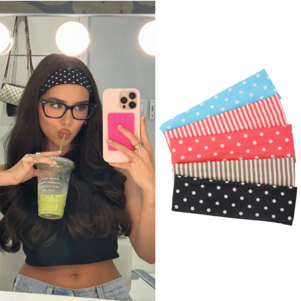 Polka Dot Headband,Stripe Head Bands Combination 5 Pack Non Slip Soft Fabric Elastic for Girls Valentine's Day Heart Cute Hairbands, Fashion Striped Headbands for Women