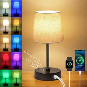 Ascher Small Bedside Table lamp, RGB Color Changing Lamps, 3 Color Temperatures, Dimmable Nightstand Lamp with USB C+A Ports, Touch Desk Lamp for Bedroom Living Room, H11.4in(Flaxen Shade). 1 pcs