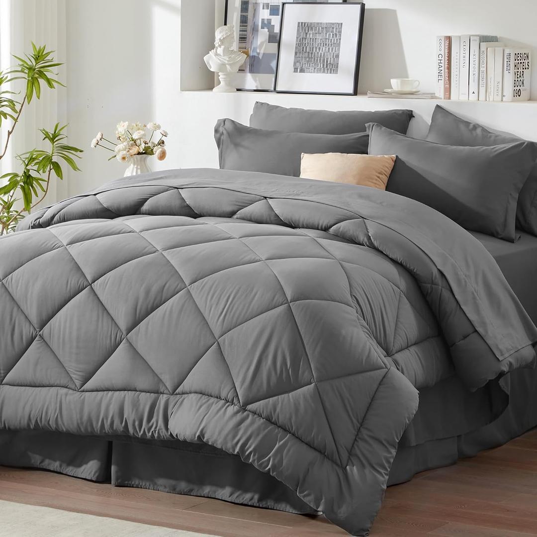 Newspin Twin Comforter Set Grey - Bed in a Bag Twin Size 6 Pieces, All Season Bed Set, Fluffy Comforter Set with Sheets, Sheet Set Quilt Blanket, Pillowcases & Shams & Bed Skirt
