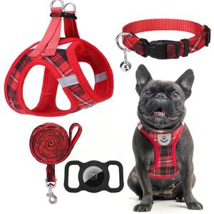 EXPAWLORER Classic Plaid Puppy Harness - Small Dog Harness and Leash Set - Dog Collar and Leash Set with AirTag Holder, Soft Padded Step in Dog Vest Harness No Pull Reflective for Outdoor, Red S