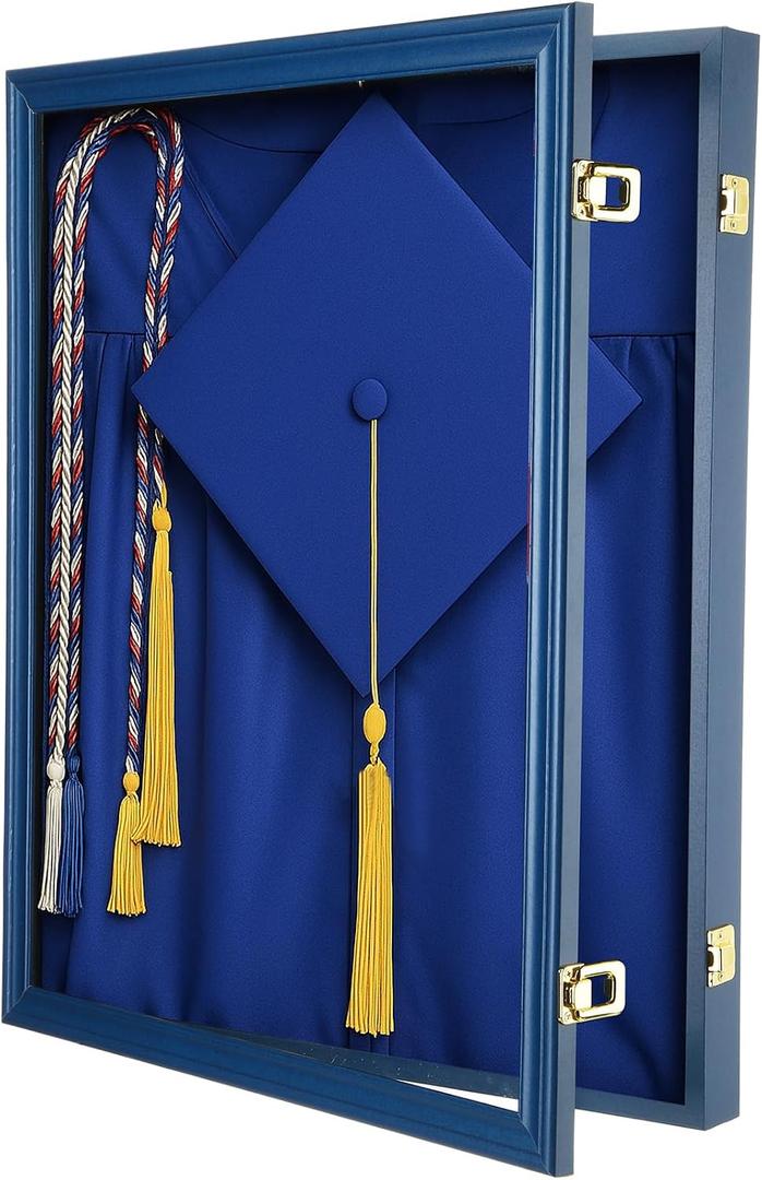 CroBlissful 1 Pcs 17"x23" Graduation Shadow Box Frame Large Wood Display Case with Stick Pins Hanging Hardware Graduation Gown Display Memory Shadow Box for Cap Gown Diploma Stole Cords (Blue)