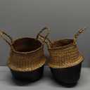 Woven Seagrass Belly Basket for Storage, Laundry, Picnic, Plant Pot Cover, and Grocery and toy storage (Small, Black)