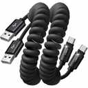 LISEN Coiled USB C Cable, 2 Pack for Android Auto & CarPlay Cable, Short USB A to USB C Cable C Gifts for Men Women compatible with iPhone 17/16/15, Samsung Galaxy S25/S24/S23 A15/A14, Space Black 4FT