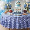 Mindsoft Blue Gingham Ruffled Tablecloth 70 x 70 Inches Round Cotton Linen Checkered Table Cloth Buffalo Plaid Farmhouse Vintage Decorative Tablecover for Picnic Kitchen Dining Room Home Party