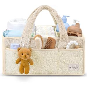 Sweety Fox Baby Diaper Caddy Organizer with Handle - Portable Sherpa Nursery Basket - Car Diaper Organizer, Cleaning Caddy, Gift for Baby Shower - Ivory
