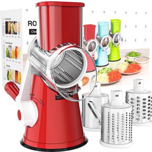 Cambom Rotary Cheese Grater Hand Crank Cheese Shredder for Fresh Cheese, Vegetable, Nuts,Non-slip Suction Base, Free Cleaning Brush Three Blades, Red