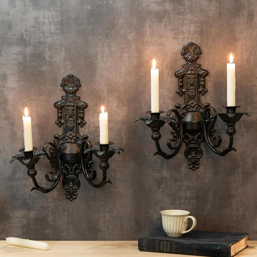 Candle Sconce(Set of 2)-Metal Gothic Wall Decorations-Rustic Home Decor-Black Wall Candle Sconces,Ideal for Stick Candles