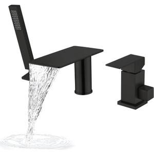 Roman Tub Faucet with Hand Shower, Matte Black Deck Mount Waterfall Tub Faucet High Flow 3 Hole Bathtub Faucets Sets